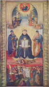 Thomas de Aquino cum Aristotele et Platone a Benozzo Gozzoli depictus (Louvre, Paris)