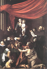 Dominicus de Guzmán, Petrus Martyr, et Thomas Aquinas, a Caravaggio depicti («Madonna del Rosario», Kunsthistorisches Museum, Wien)